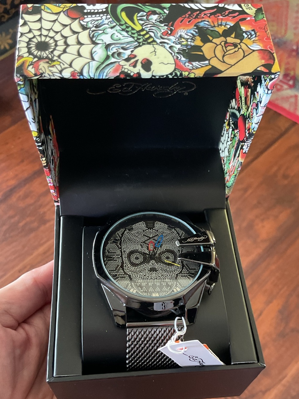 Ed Hardy Gunmetal Skullface Mesh Band Watch NEW IN BOX